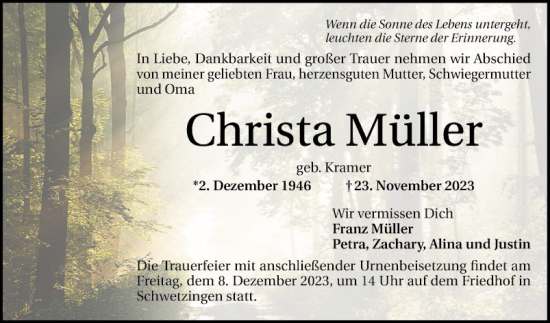 Traueranzeige von Christa Müller von Schwetzinger Zeitung