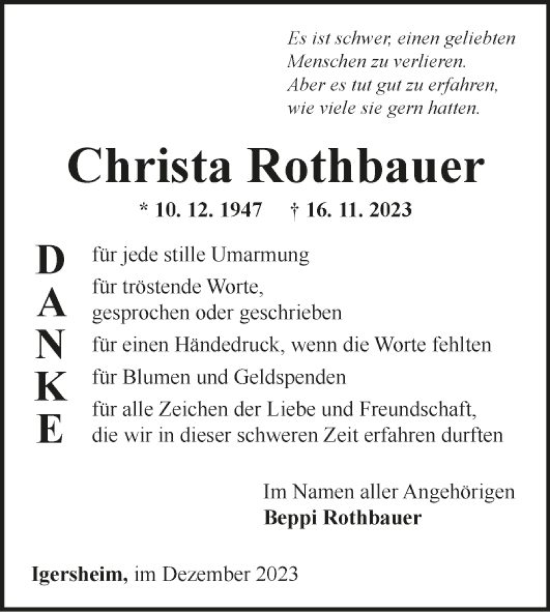 Traueranzeige von Christa Rothbauer von Fränkische Nachrichten