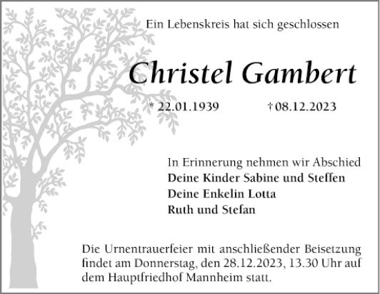 Traueranzeige von Christel Gambert von Mannheimer Morgen
