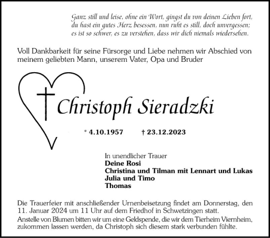 Traueranzeige von Christoph Sieradzki von Schwetzinger Zeitung