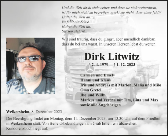 Traueranzeige von Dirk Litwitz von Fränkische Nachrichten