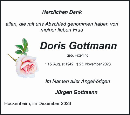 Traueranzeige von Doris Gottmann von Schwetzinger Zeitung