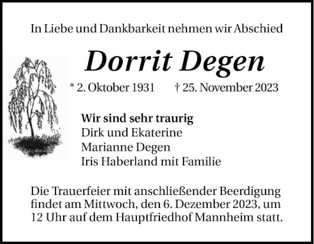  Traueranzeige für Dorrit Degen vom 02.12.2023 aus Mannheimer Morgen