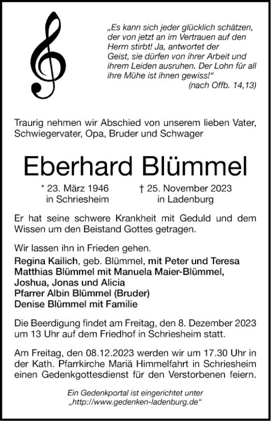 Traueranzeige von Eberhard Blümmel von Mannheimer Morgen