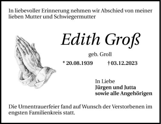 Traueranzeige von Edith Groß von Mannheimer Morgen