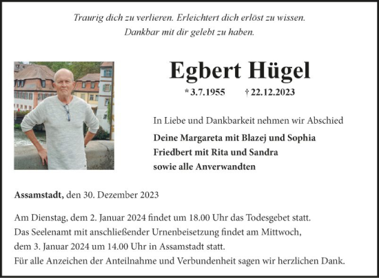 Traueranzeige von Egbert Hügel von Fränkische Nachrichten