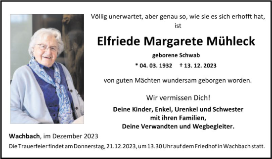 Traueranzeige von Elfriede Margarete Mühleck von Fränkische Nachrichten