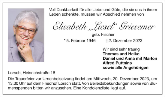 Traueranzeige von Elisabeth Griesemer von Bergsträßer Anzeiger