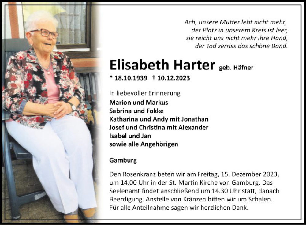  Traueranzeige für Elisabeth Harter vom 13.12.2023 aus Fränkische Nachrichten