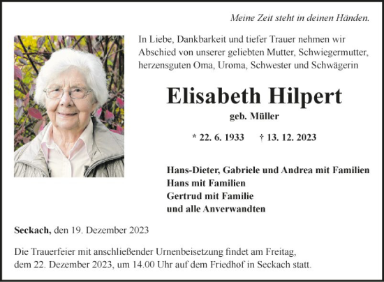 Traueranzeige von Elisabeth Hilpert von Fränkische Nachrichten