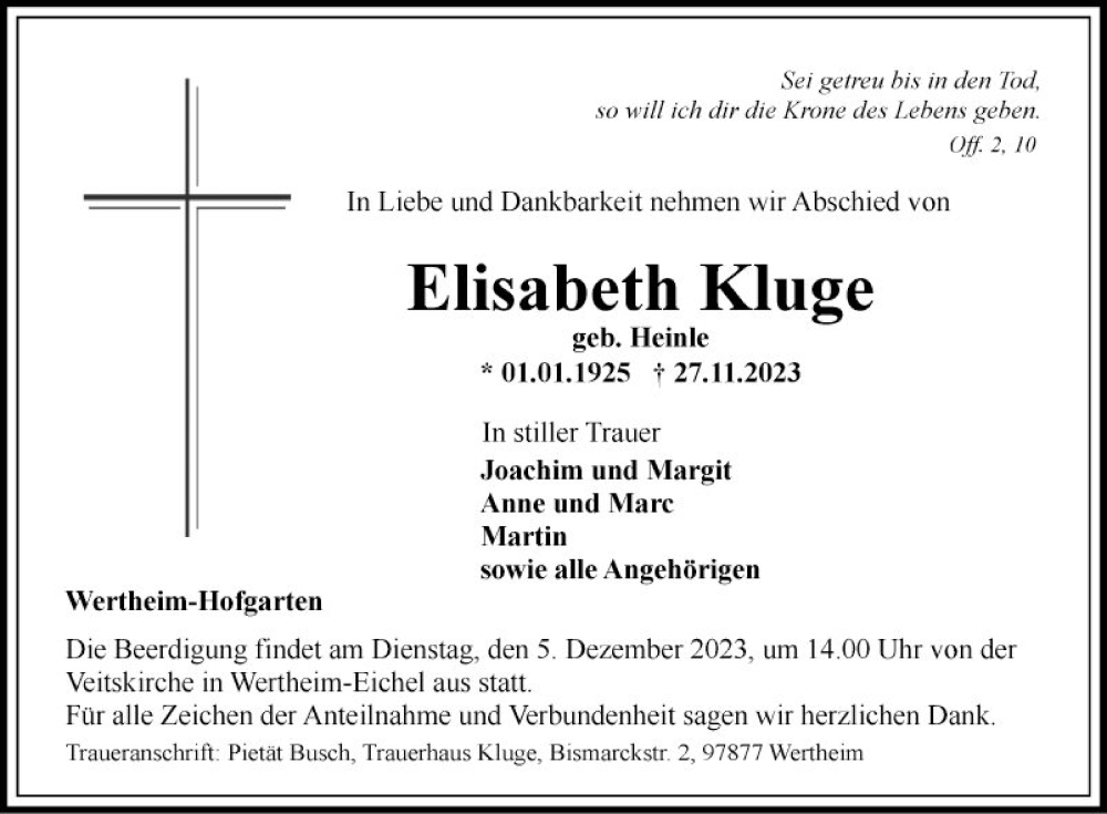  Traueranzeige für Elisabeth Kluge vom 02.12.2023 aus Fränkische Nachrichten