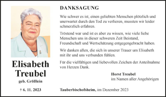 Traueranzeige von Elisabeth Treubel von Fränkische Nachrichten