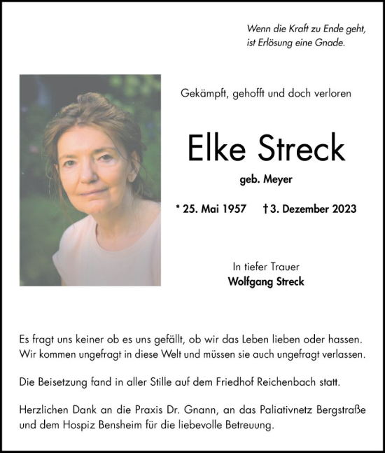 Traueranzeige von Elke Streck von Bergsträßer Anzeiger