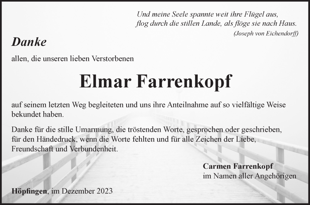  Traueranzeige für Elmar Farrenkopf vom 23.12.2023 aus Fränkische Nachrichten