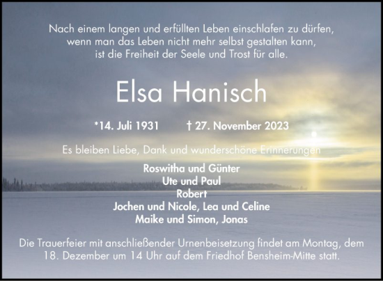 Traueranzeige von Elsa Hanisch von Bergsträßer Anzeiger