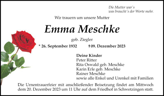 Traueranzeige von Emma Meschke von Schwetzinger Zeitung