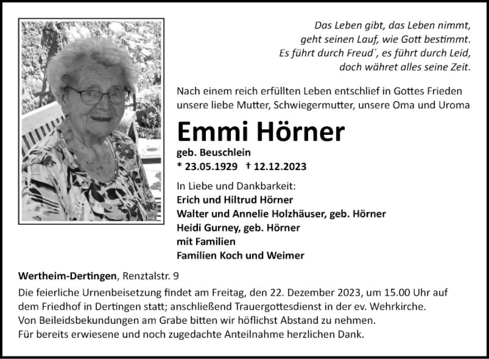  Traueranzeige für Emmi Hörner vom 16.12.2023 aus Fränkische Nachrichten