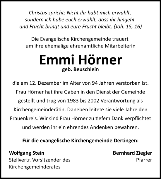 Traueranzeige von Emmi Hörner von Fränkische Nachrichten