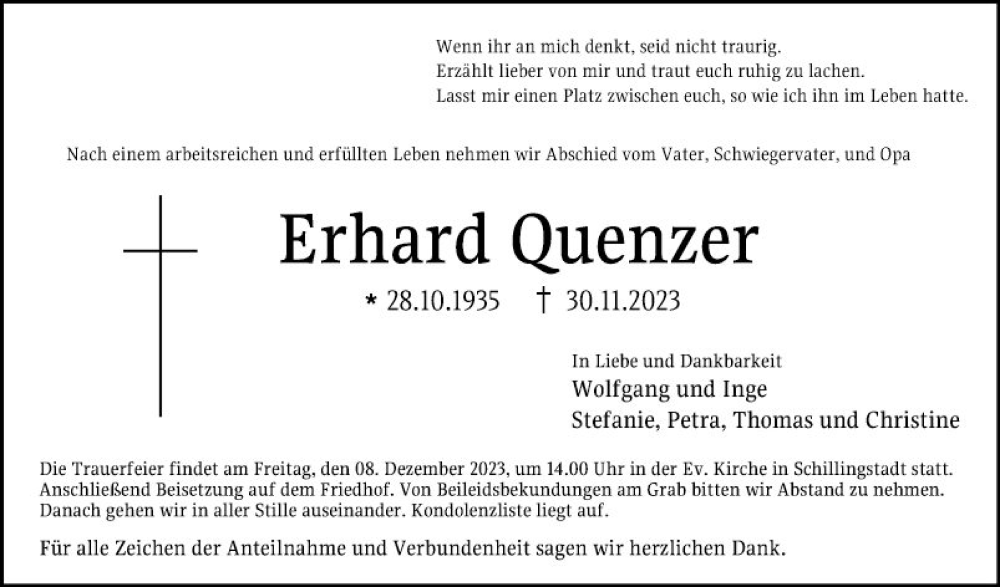  Traueranzeige für Erhard Quenzer vom 05.12.2023 aus Fränkische Nachrichten
