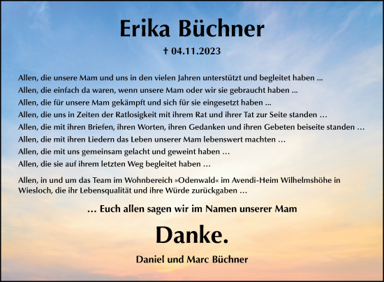 Traueranzeige von Erika Büchner von Schwetzinger Zeitung