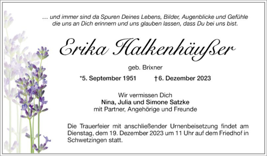 Traueranzeige von Erika Halkenhäußer von Schwetzinger Zeitung