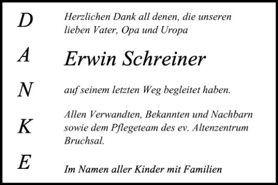 Traueranzeige von Erwin Schreiner von Schwetzinger Zeitung