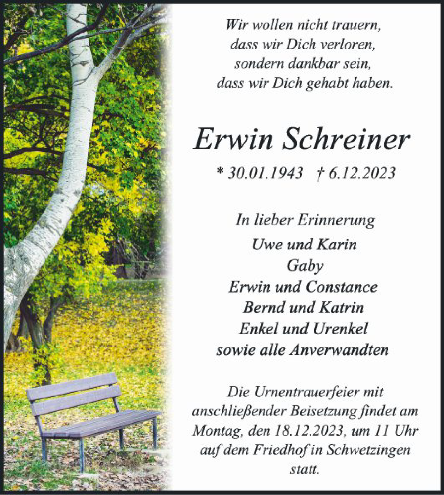  Traueranzeige für Erwin Schreiner vom 13.12.2023 aus Schwetzinger Zeitung