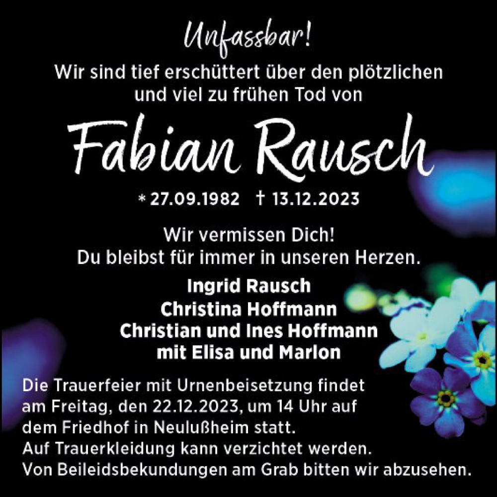  Traueranzeige für Fabian Rausch vom 20.12.2023 aus Schwetzinger Zeitung