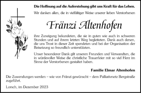 Traueranzeige von Fränzi Altenhofen von Bergsträßer Anzeiger