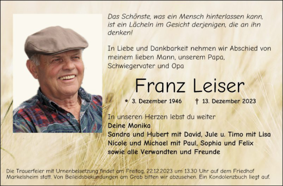 Traueranzeige von Franz Leiser von Fränkische Nachrichten