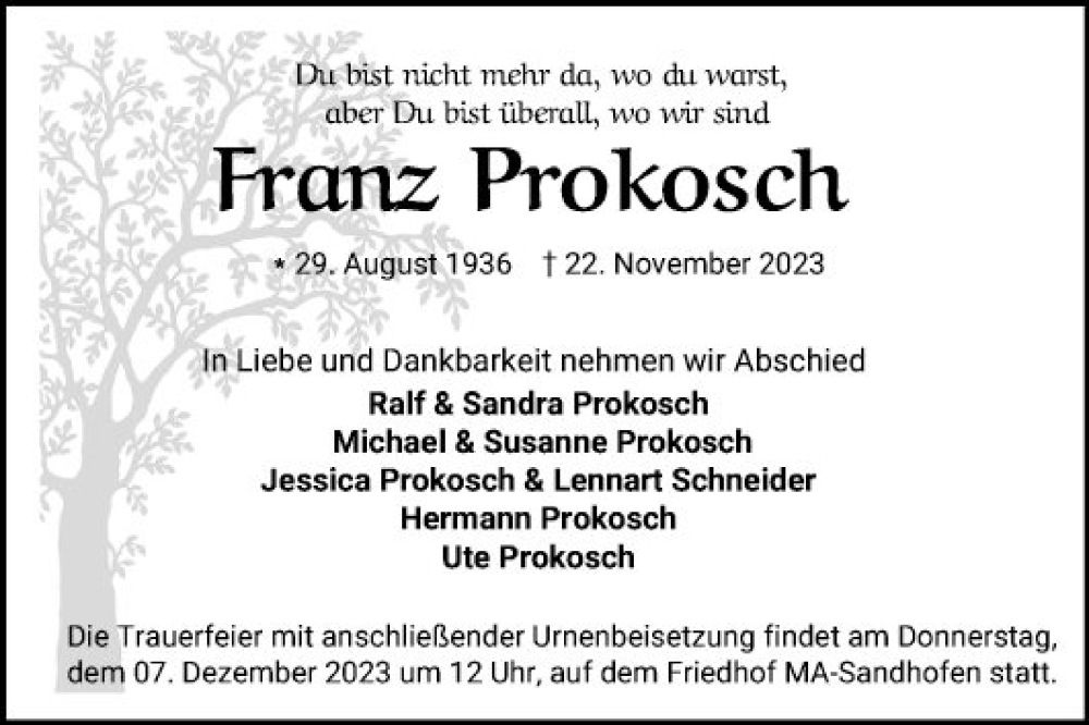  Traueranzeige für Franz Prokosch vom 02.12.2023 aus Mannheimer Morgen