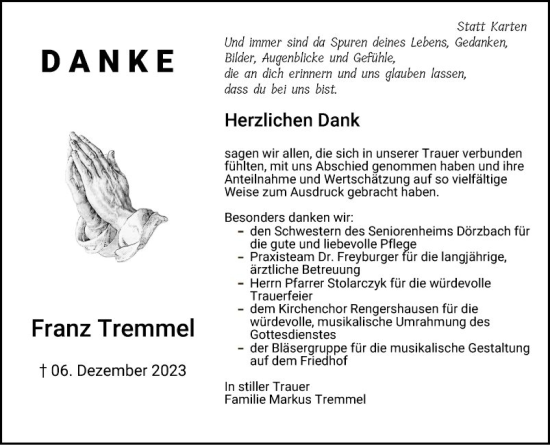 Traueranzeige von Franz Tremmel von Fränkische Nachrichten