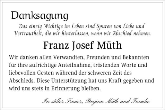 Traueranzeige von Franz Josef Müth von Schwetzinger Zeitung