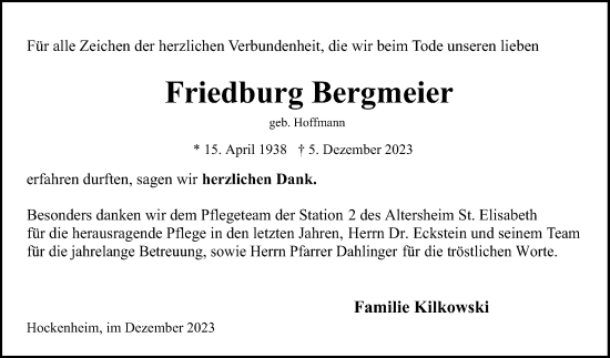 Traueranzeige von Friedburg Bergmeier von Schwetzinger Zeitung