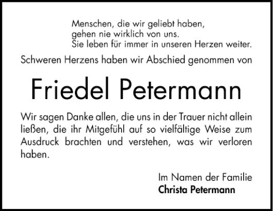 Traueranzeige von Friedel Petermann von Bergsträßer Anzeiger