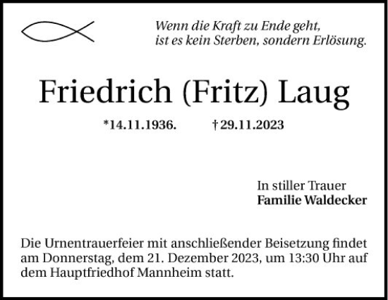 Traueranzeige von Friedrich  Laug von Mannheimer Morgen