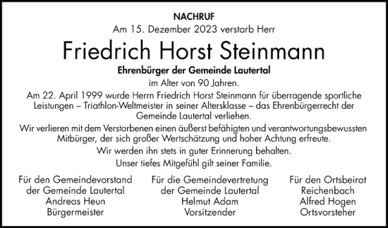 Traueranzeige von Friedrich Steinmann von Bergsträßer Anzeiger