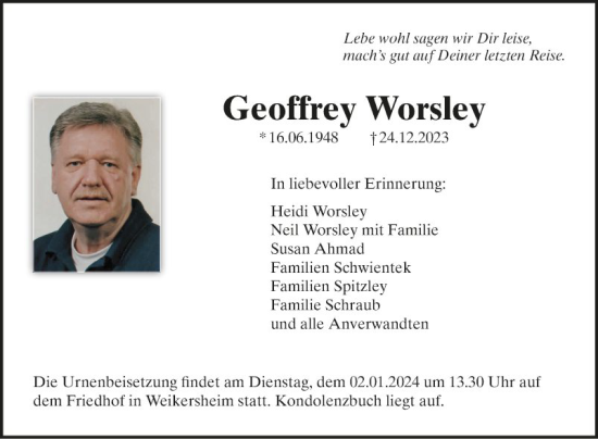 Traueranzeige von Geoffrey Worsley von Fränkische Nachrichten