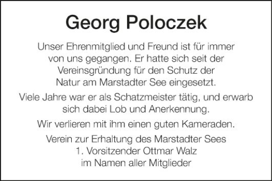 Traueranzeige von Georg Poloczek von Fränkische Nachrichten