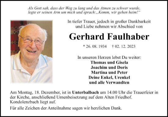 Traueranzeige von Gerhard Faulhaber von Fränkische Nachrichten