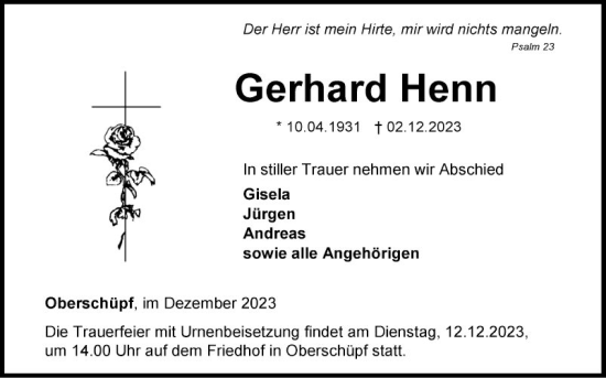 Traueranzeige von Gerhard Henn von Fränkische Nachrichten