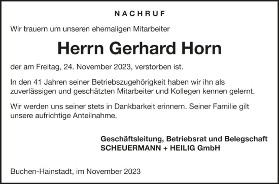 Traueranzeige von Gerhard Horn von Fränkische Nachrichten