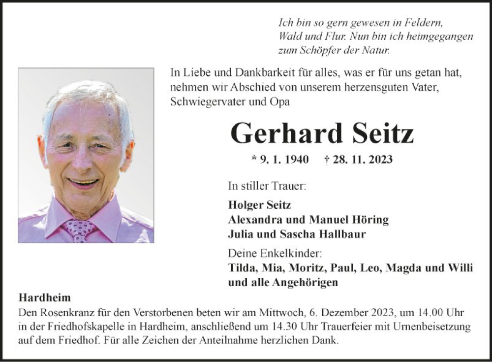  Traueranzeige für Gerhard Seitz vom 02.12.2023 aus Fränkische Nachrichten