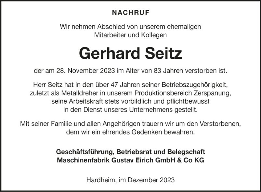  Traueranzeige für Gerhard Seitz vom 05.12.2023 aus Fränkische Nachrichten