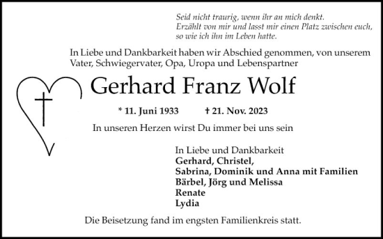 Traueranzeige von Gerhard Franz Wolf von Mannheimer Morgen