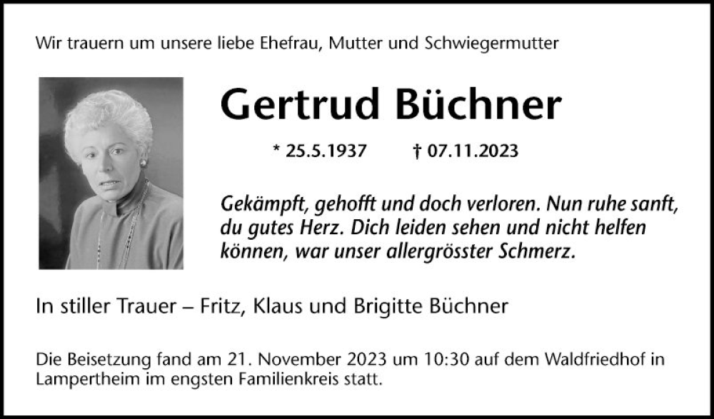  Traueranzeige für Gertrud Büchner vom 02.12.2023 aus Mannheimer Morgen