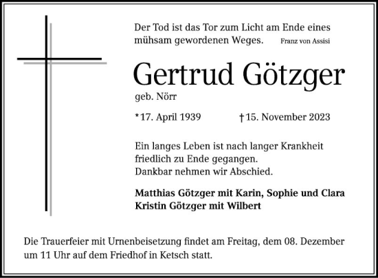 Traueranzeige von Gertrud Götzger von Mannheimer Morgen