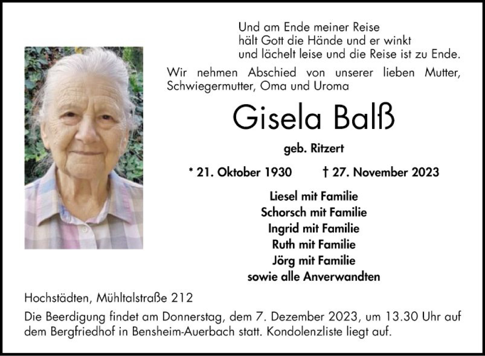  Traueranzeige für Gisela Balß vom 02.12.2023 aus Bergsträßer Anzeiger