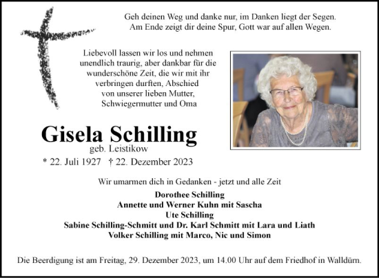 Traueranzeige von Gisela Schilling von Fränkische Nachrichten