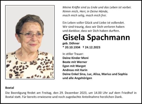 Traueranzeige von Gisela Spachmann von Fränkische Nachrichten